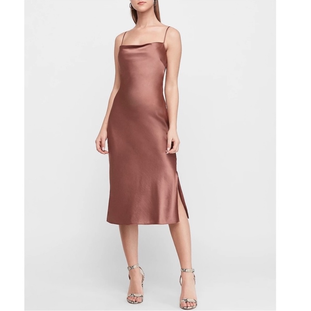 Express Women’s Satin Cowl Neck Midi Slip Dress Cocoa Size Small